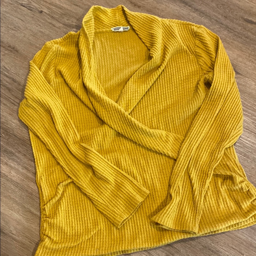 Anthropologie anthro pleione L large wrap top shirt sweater waffle gold mustard